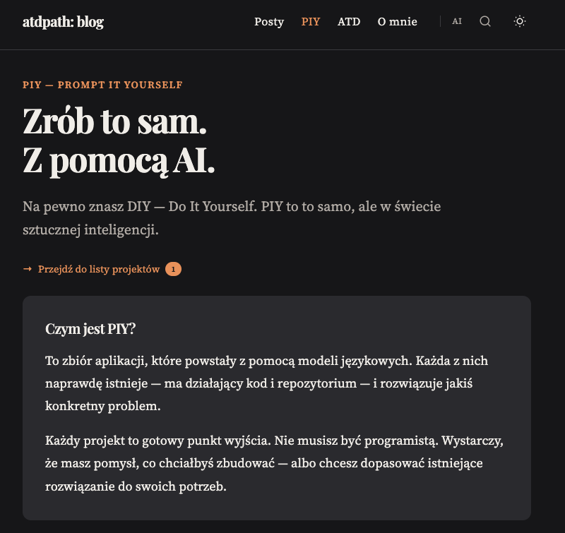 Strona PIY — sekcja Prompt It Yourself na blogu atdpath