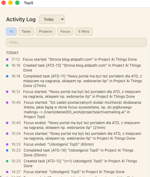 Dziennik aktywności — co się działo i kiedy