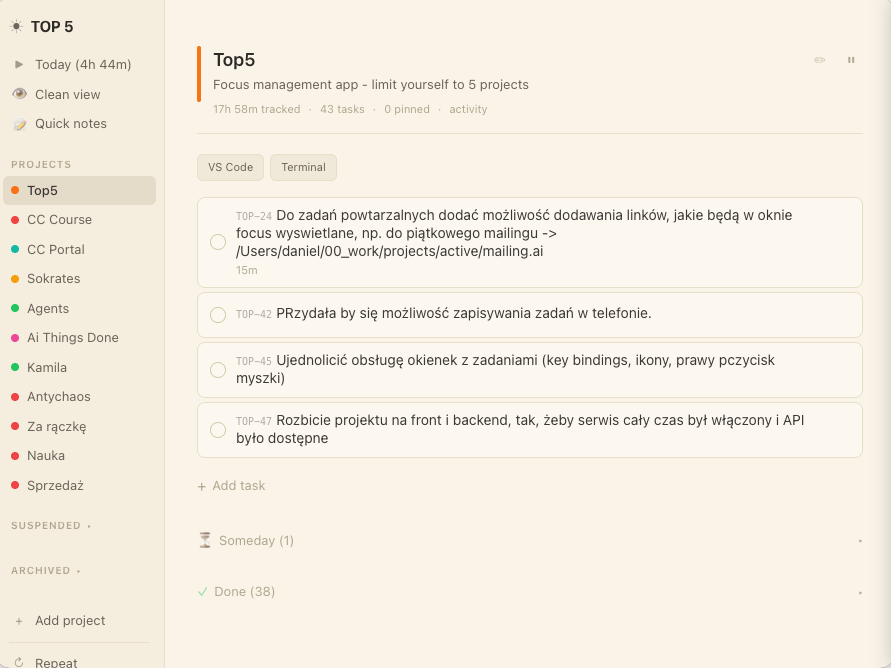 Widok projektu — zadania, linki i pełna historia w jednym miejscu